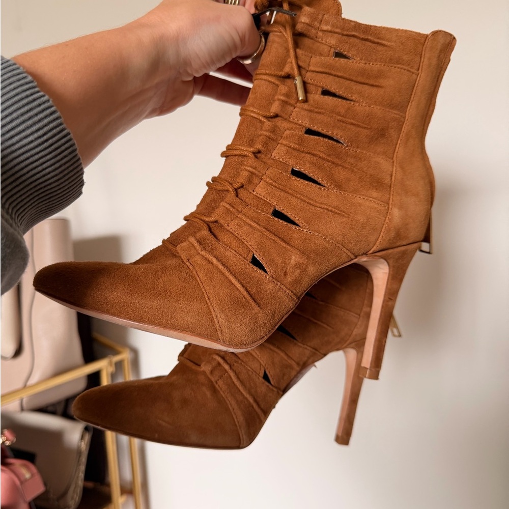 Joie Cognac Suede Pointed-Toe Lace Detail Ankle Booties